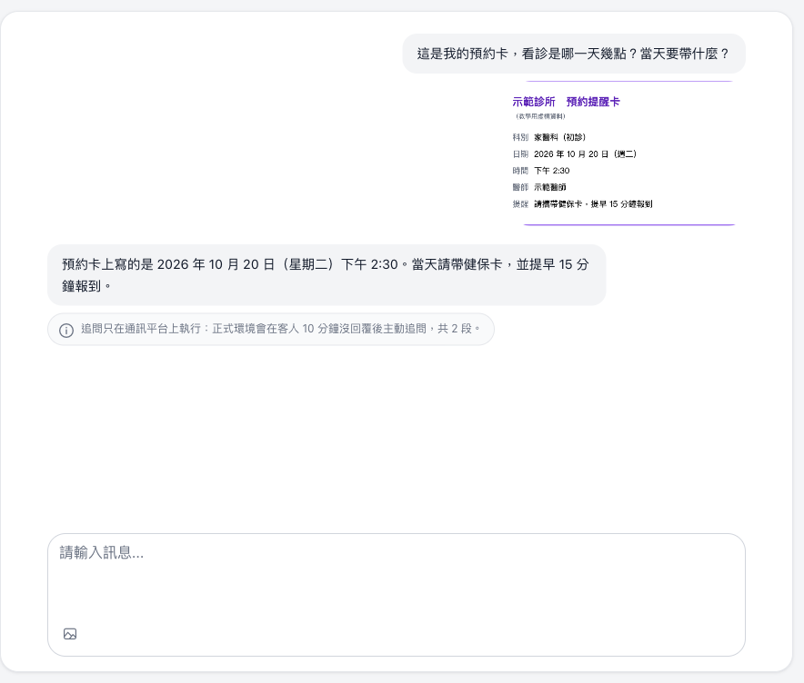 後台試聊：客人附上示範診所預約提醒卡並提問，AI 回答看診日期時間與攜帶物品