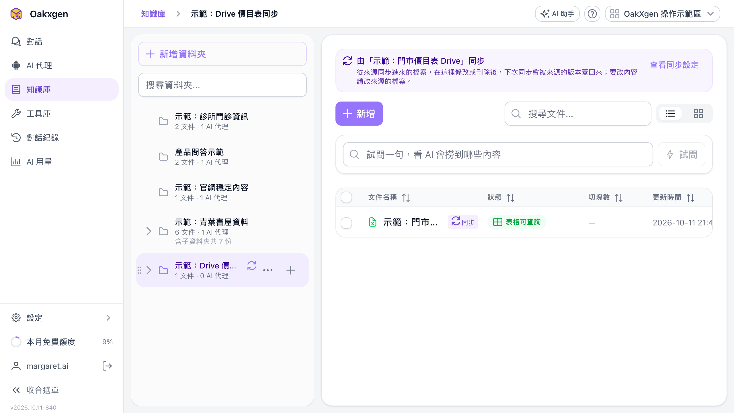 知識庫裡的同步資料夾，上方提示由示範：門市價目表 Drive 同步，檔案旁標著同步