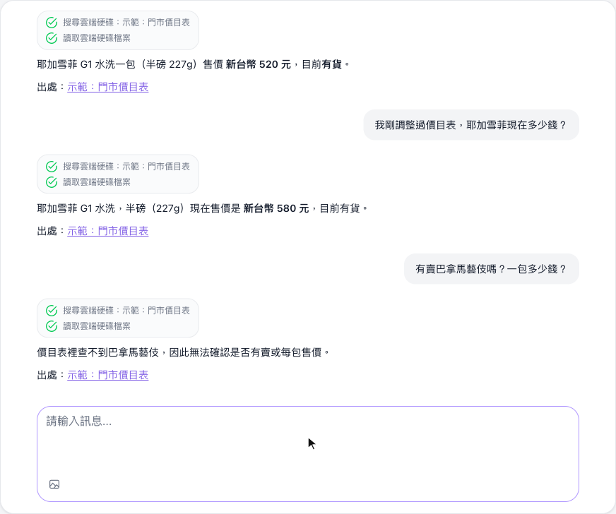 同一段對話中改價前後的回答與查不到品項的回答，每題都有搜尋與讀取的工具呼叫紀錄