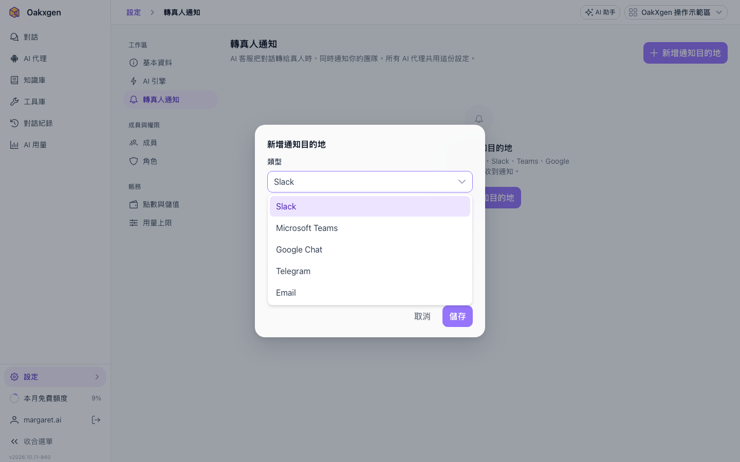 新增通知目的地視窗，類型選單列出 Slack、Microsoft Teams、Google Chat、Telegram、Email