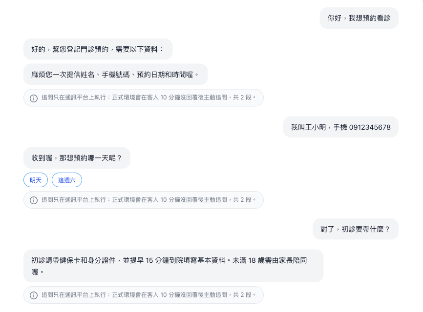 試聊前半段：AI 一次列出所需資料、客人回姓名手機後問日期並附快速回覆、岔題問初診須知得到回答