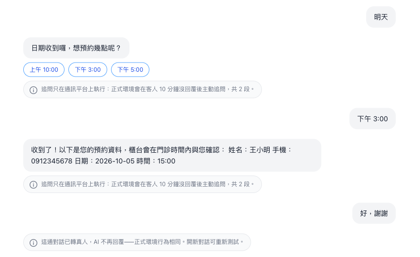 試聊後半段：問時間附三個快速回覆、送出預約摘要、轉真人後 AI 不再回覆的提示