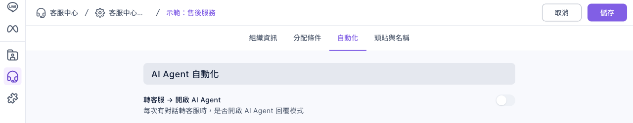 SCRM 客服組織示範：售後服務的自動化分頁，出現 AI Agent 自動化區塊與轉客服開啟 AI Agent 開關