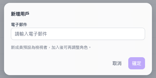 新增用戶對話框，只有電子郵件欄位跟「新成員預設為檢視者」的提示文字