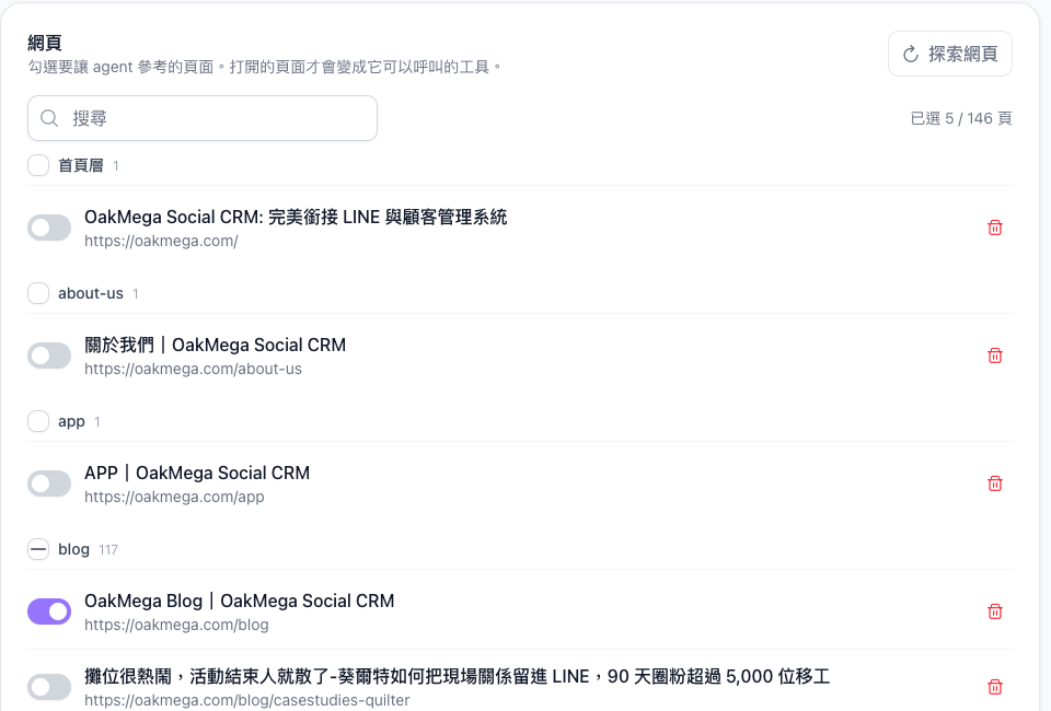 網站連線的網頁分頁，探索結果依網址路徑分堆，部落格列表頁已開啟